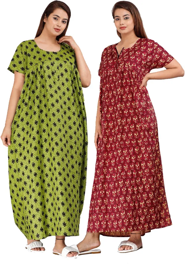 Pack_of_2_Pure_Cotton_Printed_Nighty_For_Women_|_Green_&_Maroon