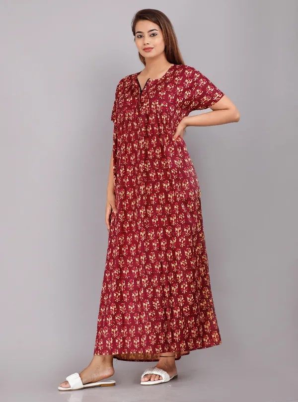 Pack_of_2_Pure_Cotton_Printed_Nighty_For_Women_|_Green_&_Maroon