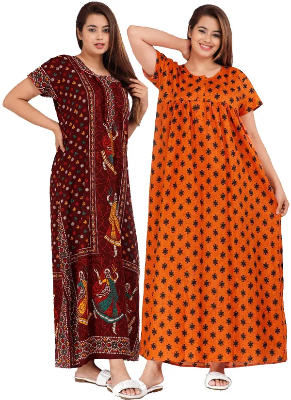 Pack_of_2_Pure_Cotton_Printed_Nighty_For_Women_|_Maroon_&_Orange