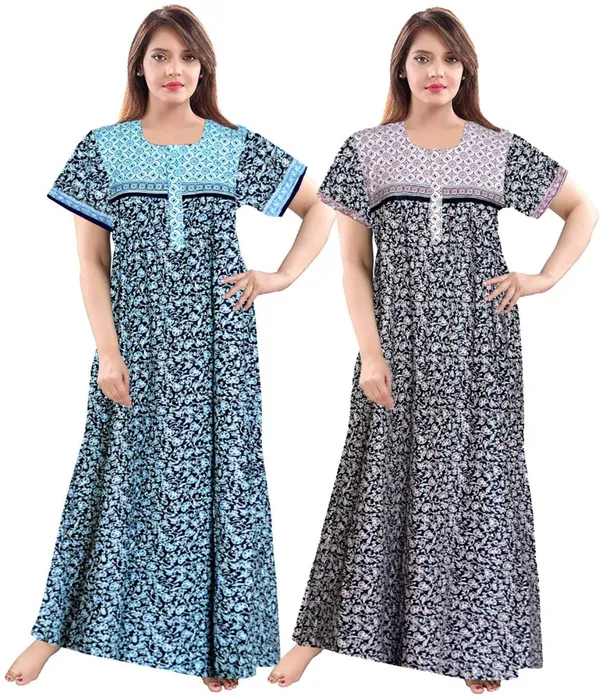 Pack_of_2_Pure_Cotton_Printed_Nighty_For_Women_|_Blue_&_Black