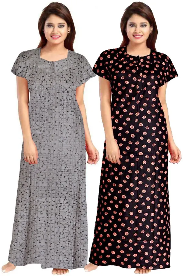 Pack_of_2_Pure_Cotton_Printed_Nighty_For_Women_|_Grey_&_Brown