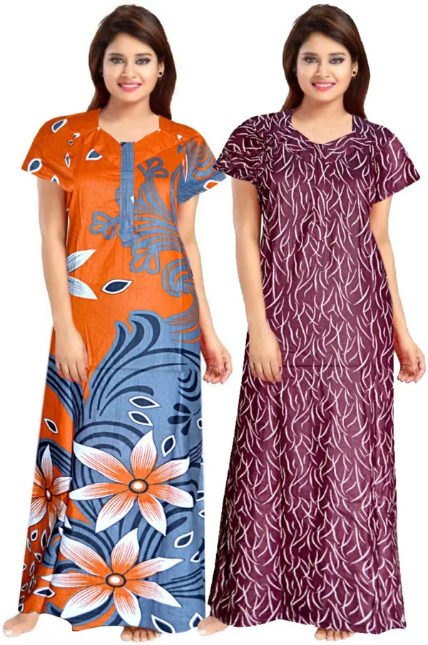 Pack_of_2_Pure_Cotton_Floral_Nighty_For_Women_|_Orange_&_Maroon