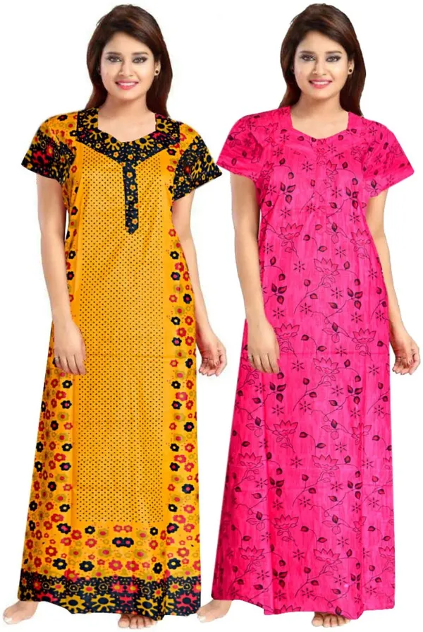 Pack_of_2_Pure_Cotton_Floral_Nighty_For_Women_|_Yellow_&_Pink