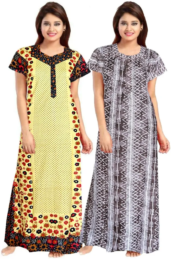 Pack_of_2_Pure_Cotton_Floral_Nighty_For_Women_|_Yellow_&_Grey