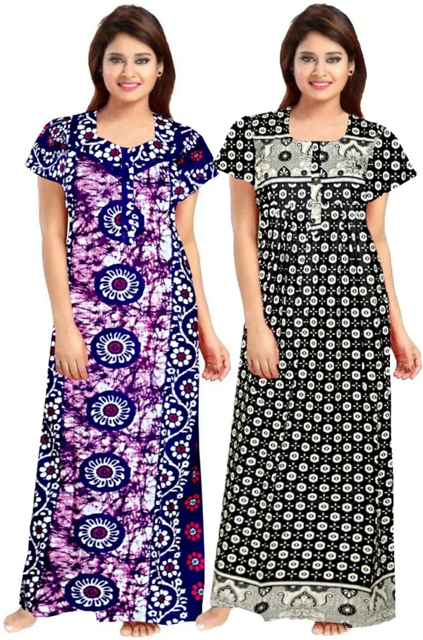 Pack_of_2_Pure_Cotton_Printed_Nighty_For_Women_|_Purple_&_Black