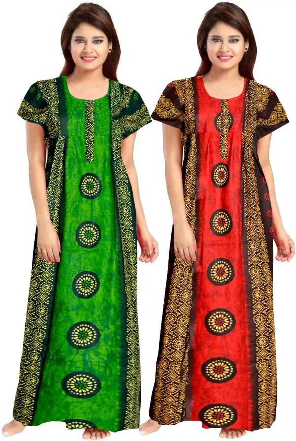 Pack_of_2_Pure_Cotton_Printed_Nighty_For_Women_|_Green_&_Red