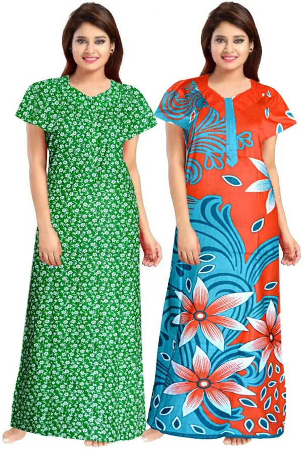 Pack_of_2_Pure_Cotton_Printed_Nighty_For_Women_|_Green_&_Orange