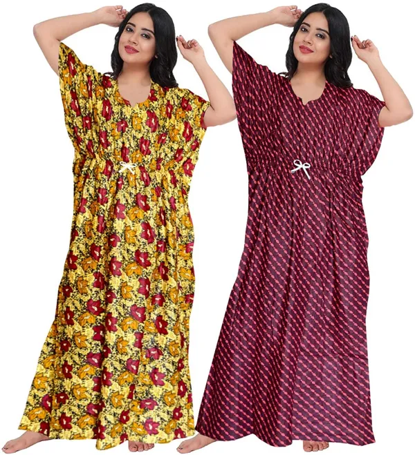 Pack_of_2_Pure_Cotton_Printed_Nighty_For_Women_|_Brown_&_Maroon