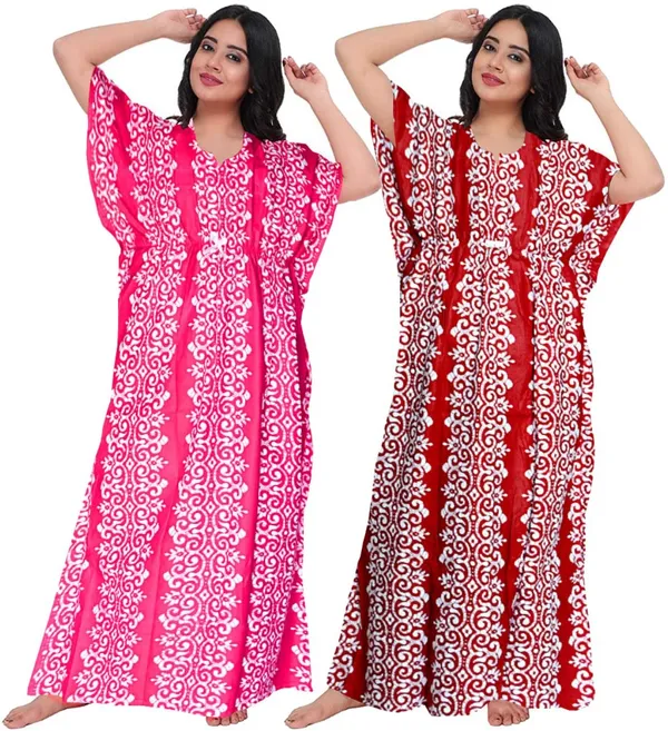 Pack_of_2_Pure_Cotton_Printed_Nighty_For_Women_|_Pink_&_Maroon
