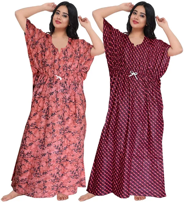 Pack_of_2_Pure_Cotton_Printed_Nighty_For_Women_|_Orange_&_Maroon