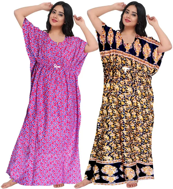 Pack_of_2_Pure_Cotton_Printed_Nighty_For_Women_|_Pink_&_Brown