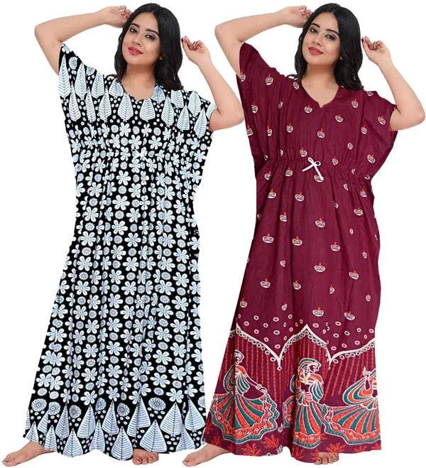 Pack_of_2_Pure_Cotton_Printed_Nighty_For_Women_|_Black_&_Maroon