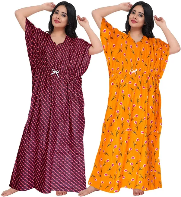 Pack_of_2_Pure_Cotton_Printed_Nighty_For_Women_|_Maroon_&_Yellow