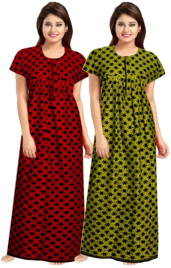 Pack_of_2_Pure_Cotton_Floral_Long_Nighty_For_Women_|_Red_&_Green