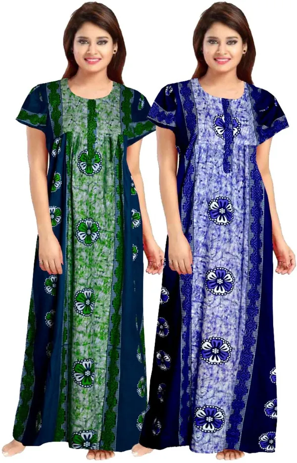 Pack_of_2_Pure_Cotton_Floral_Long_Nighty_For_Women_|_Green_&_Blue