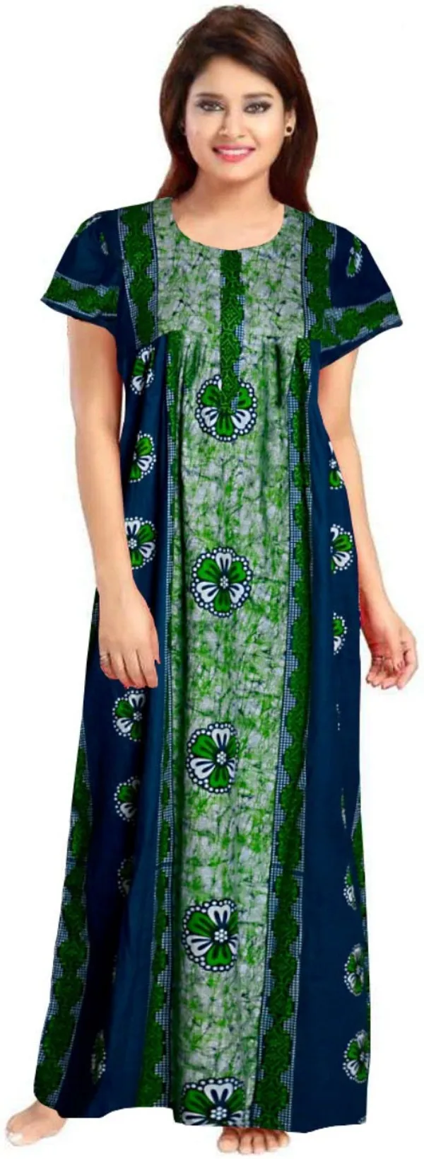 Pack_of_2_Pure_Cotton_Floral_Long_Nighty_For_Women_|_Green_&_Blue