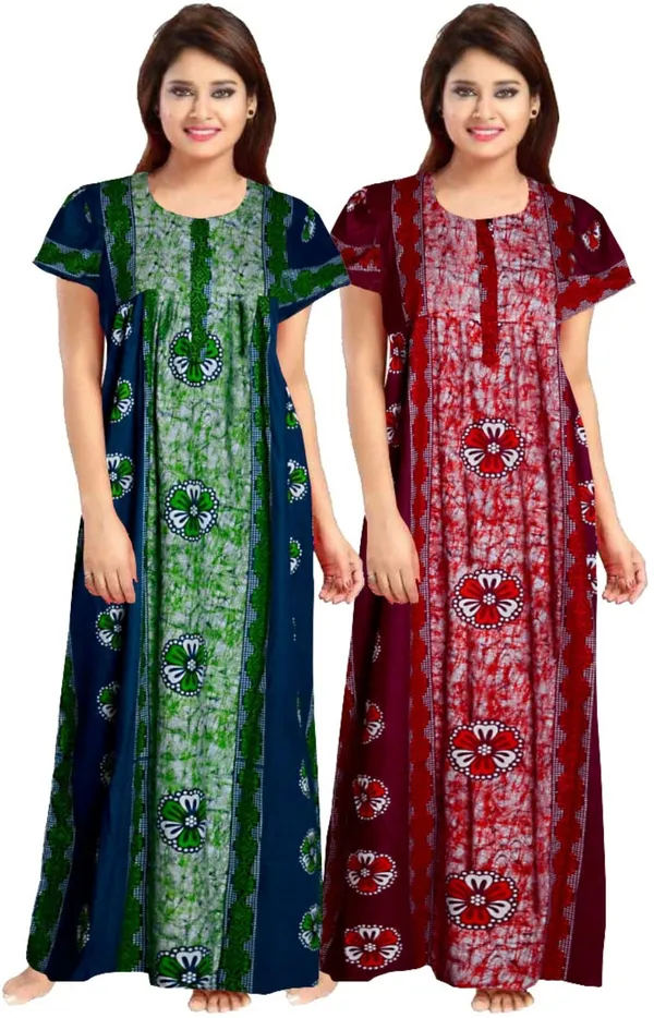 Pack_of_2_Pure_Cotton_Floral_Nighty_For_Women_|_Green_&_Maroon