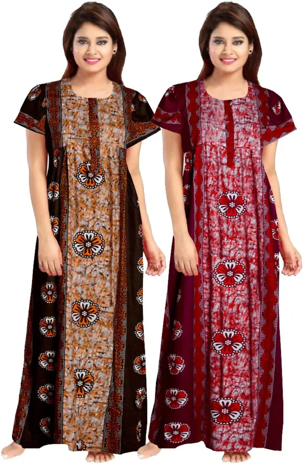 Pack_of_2_Pure_Cotton_Floral_Long_Nighty_For_Women_|_Maroon_&_Black