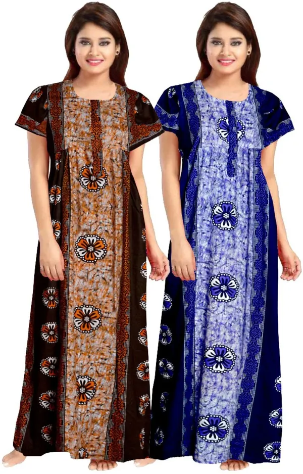 Pack_of_2_Pure_Cotton_Floral_Nighty_For_Women_|_Yellow_&_Blue