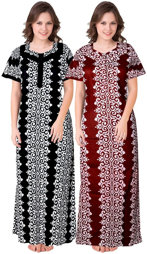 Pack_of_2_Pure_Cotton_Printed_Nighty_For_Women_|_Black_&_Maroon