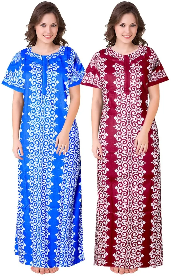 Pack_of_2_Pure_Cotton_Printed_Nighty_For_Women_|_Blue_&_Maroon
