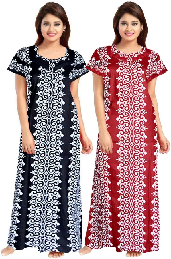 Pack_of_2_Pure_Cotton_Printed_Nighty_For_Women_|_Black_&_Maroon