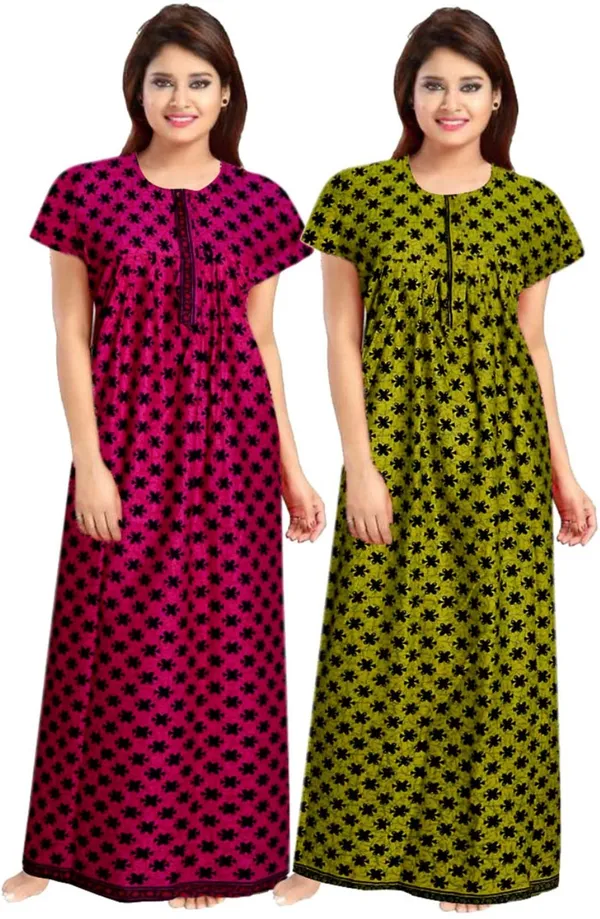 Pack_of_2_Pure_Cotton_Printed_Nighty_For_Women_|_Pink_&_Green