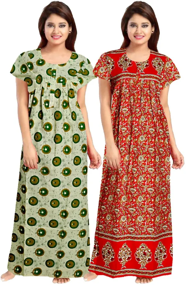 Pack_of_2_Pure_Cotton_Printed_Nighty_For_Women_|_Green_&_Red