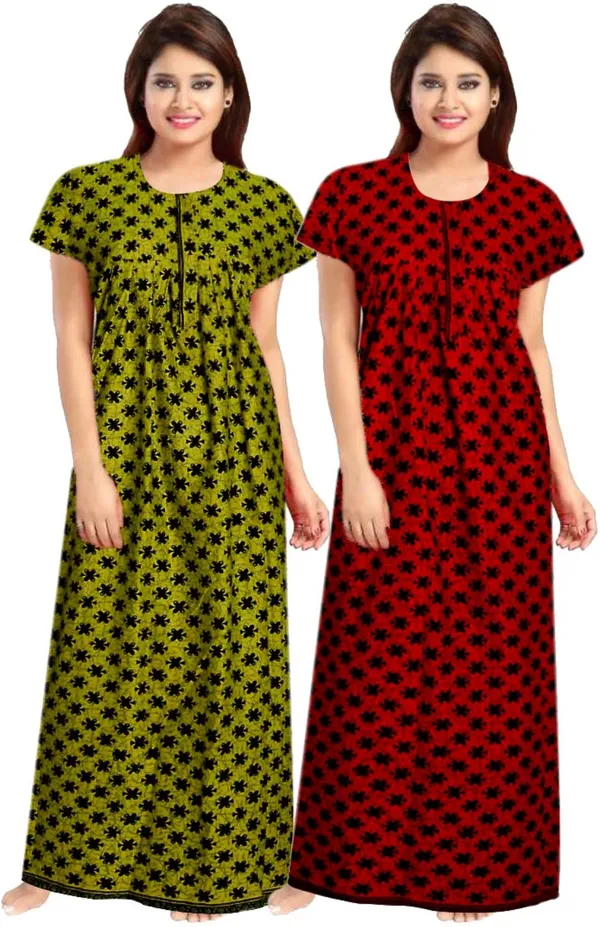 Pack_of_2_Pure_Cotton_Printed_Nighty_For_Women_|_Red_&_Green