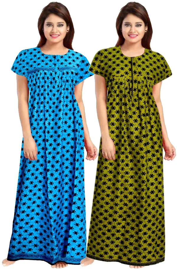 Pack_of_2_Pure_Cotton_Printed_Nighty_For_Women_|_Blue_&_Green