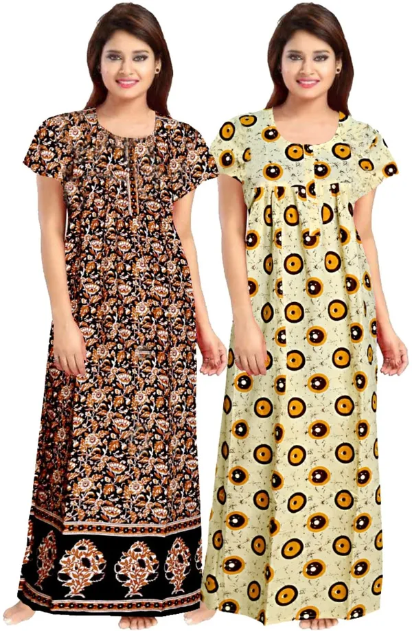 Pack_of_2_Pure_Cotton_Printed_Nighty_For_Women_|_Brown_&_Yellow