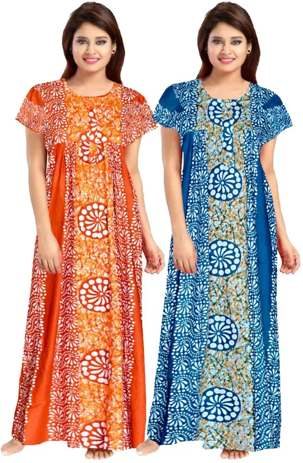 Pack_of_2_Pure_Cotton_Printed_Nighty_For_Women_|_Orange_&_Blue