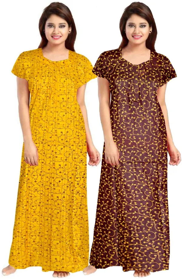 Pack_of_2_Pure_Cotton_Printed_Nighty_For_Women_|_Yellow_&_Brown