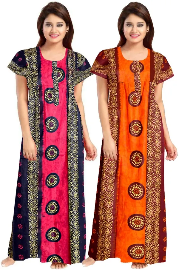 Pack_of_2_Pure_Cotton_Printed_Nighty_For_Women_|_Pink_&_Orange