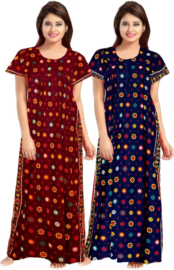 Pack_of_2_Pure_Cotton_Printed_Nighty_For_Women_|_Maroon_&_Blue