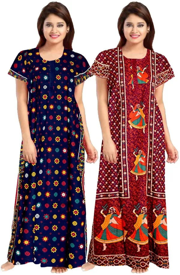 Pack_of_2_Pure_Cotton_Printed_Nighty_For_Women_|_Blue_&_Maroon