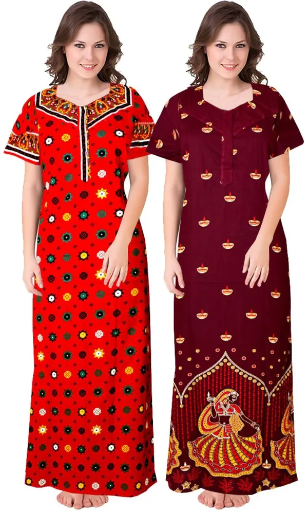 Pack_of_2_Pure_Cotton_Printed_Nighty_For_Women_|_Red_&_Maroon
