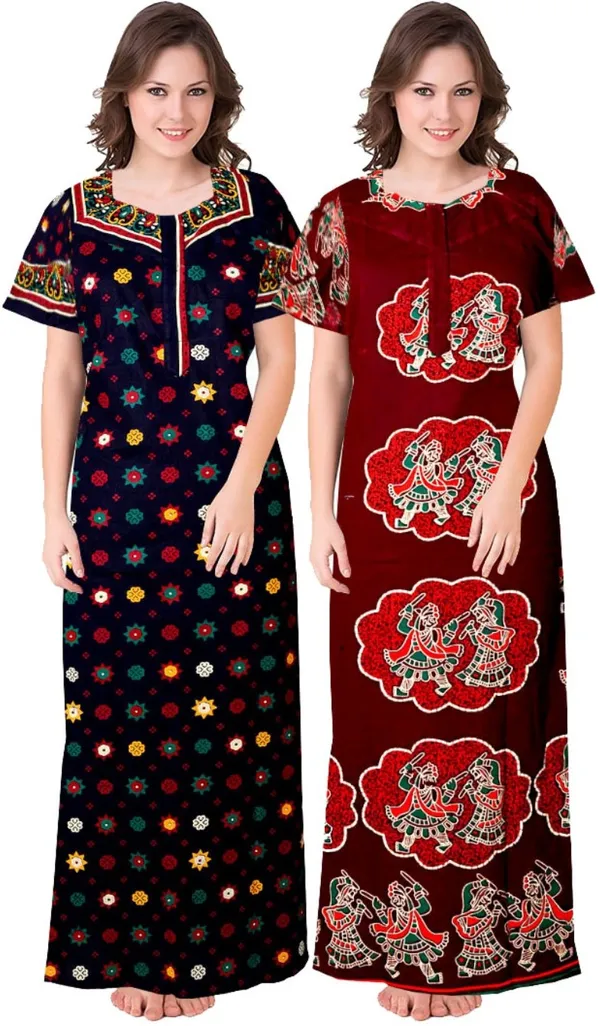 Pack_of_2_Pure_Cotton_Printed_Nighty_For_Women_|_Blue_&_Maroon