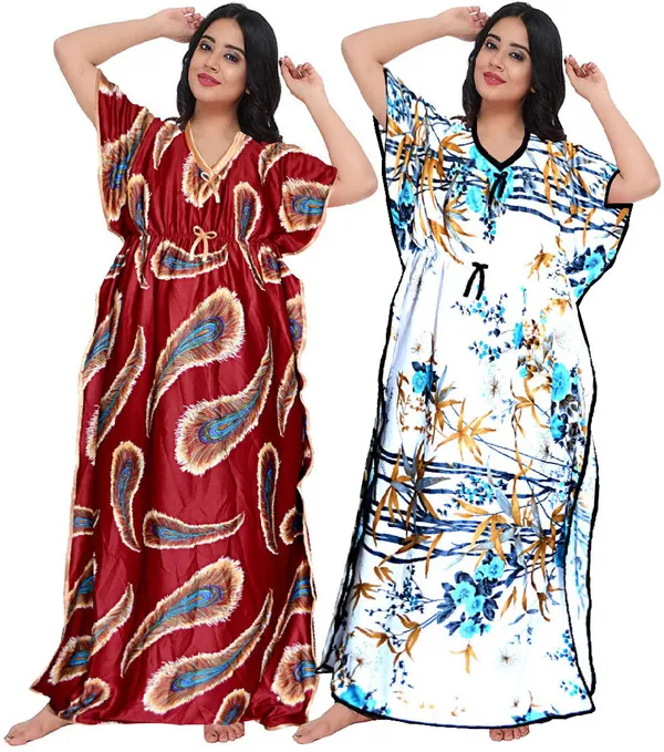 Pack_of_2_Satin_Printed_Long_Kaftan_Nighty_For_Women_|_Maroon_&_White
