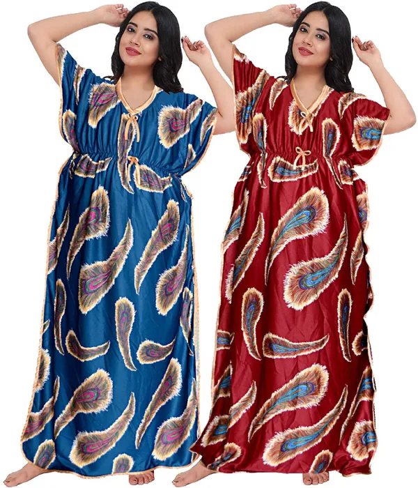 Pack_of_2_Satin_Printed_Long_Kaftan_Nighty_For_Women_|_Maroon