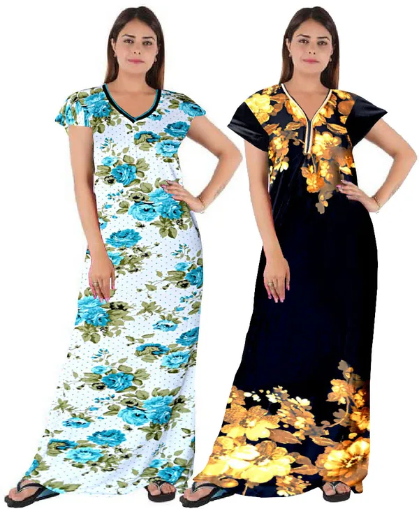 Pack_of_2_Satin_Floral_Nighty_For_Women_|_Blue_&_Brown