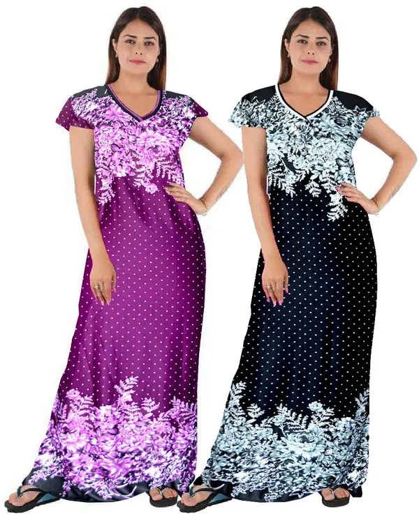 Pack_of_2_Satin_Floral_Nighty_For_Women_|_Purple_&_Black
