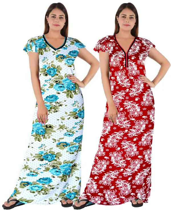 Pack_of_2_Satin_Floral_Nighty_For_Women_|_Green_&_Maroon