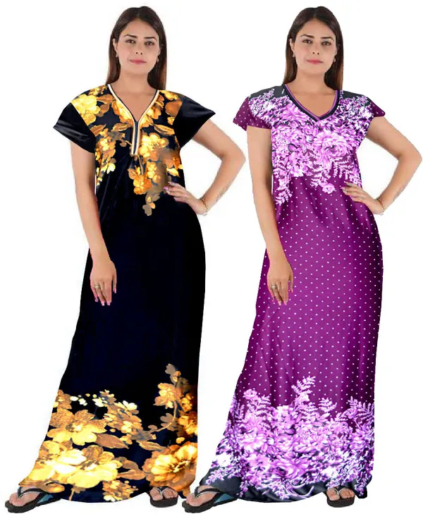 Pack_of_2_Satin_Floral_Nighty_For_Women_|_Brown_&_Purple