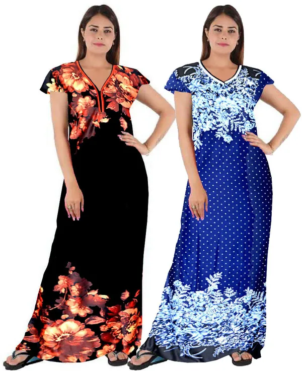 Pack_of_2_Satin_Floral_Nighty_For_Women_|_Brown_&_Blue