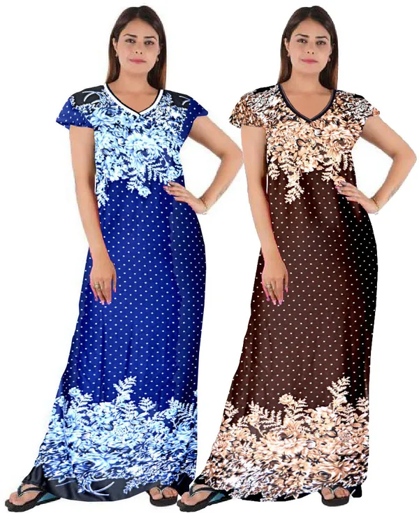 Pack_of_2_Satin_Floral_Nighty_For_Women_|_Blue_&_Brown