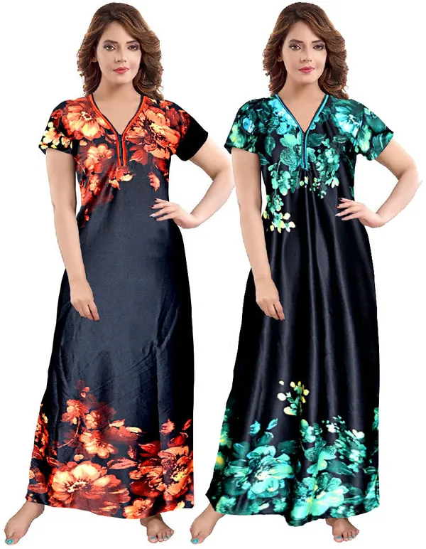 Pack_of_2_Satin_Printed_Long_Nighty_For_Women_|_Brown_&_Black