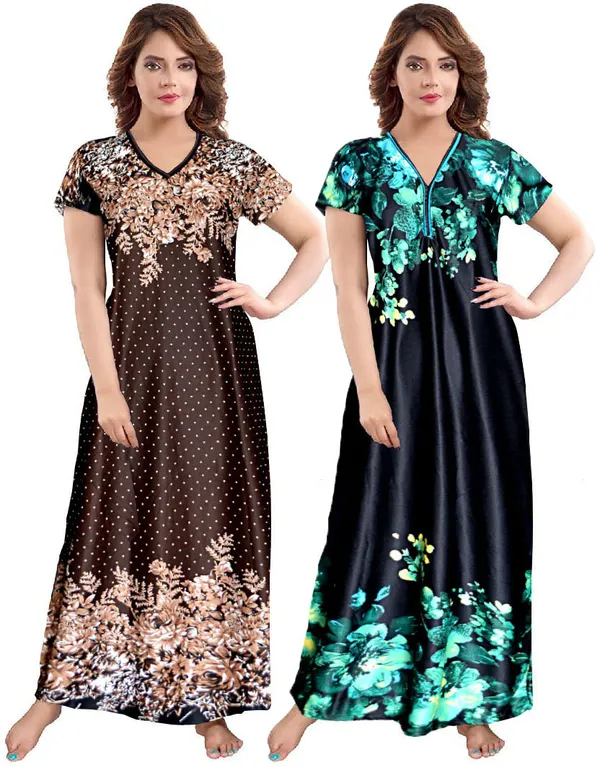 Pack_of_2_Satin_Printed_Long_Nighty_For_Women_|_Brown_&_Black