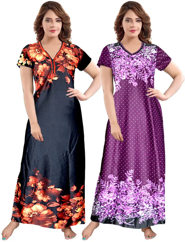 Pack_of_2_Satin_Printed_Long_Nighty_For_Women_|_Black_&_Purple
