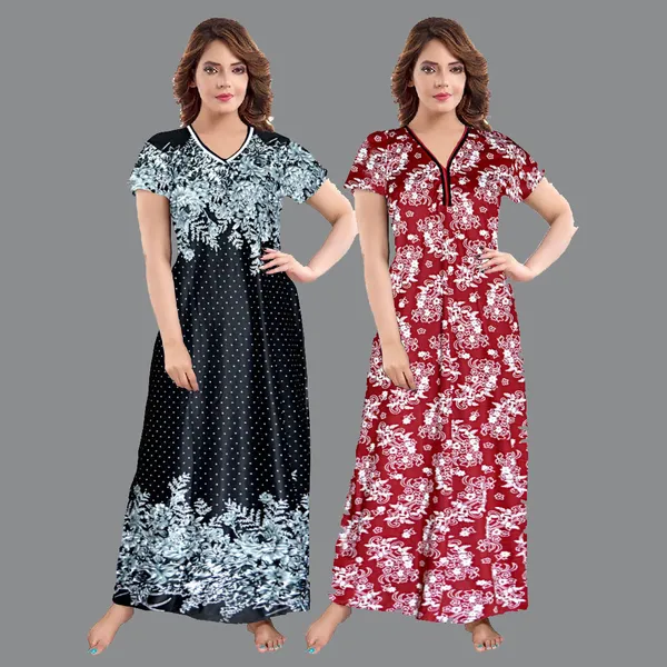 Pack_of_2_Satin_Printed_Long_Nighty_Set_For_Women_|_Black_&_Maroon